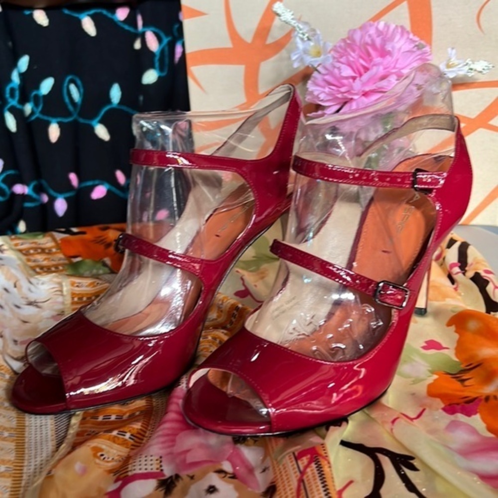 Via Spiga Patent Leather Open-Toe Mary Jane Heels in Red